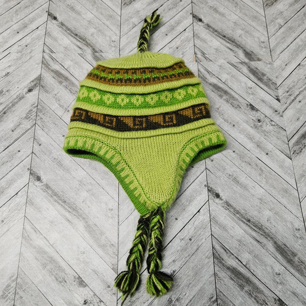 Alpaca Chullo Beanie Green Toddler Kids 100% Wool